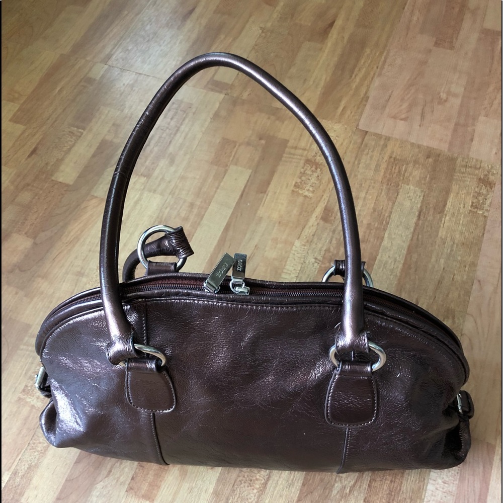 HOBO International Patent Metallic Lined Shoulder Satchel Leather Bag Brown - Picture 2 of 9